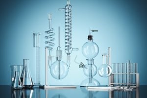 Glass,Chemistry,Lab,Equipment,On,Blue,Background.,Chemistry,Lab,Concept.