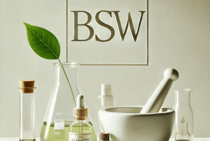 DALL·E 2024-07-22 20.31.57 - A simple arrangement of cosmetic lab equipment with a lighter background, including a BSW logo. The setup includes a beaker with a green leaf, a